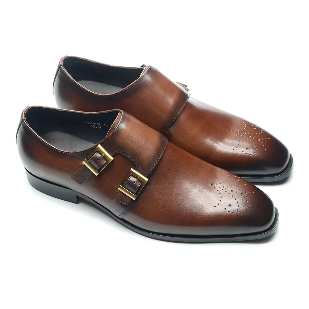 Italian Style Luxury Genuine Leather Monk Strap Men's Formal Shoes Double Buckles Brogue Pointy Toe Business Office Dress Shoes
