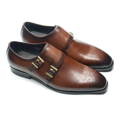 Italian Style Luxury Genuine Leather Monk Strap Men's Formal Shoes Double Buckles Brogue Pointy Toe Business Office Dress Shoes