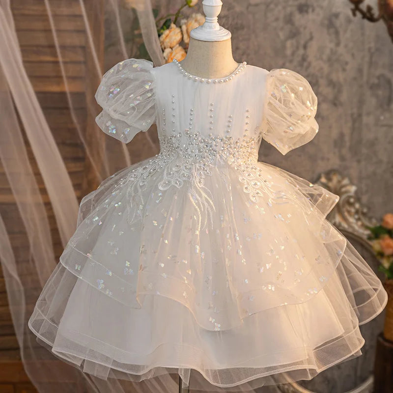 Vestido de Verão Novo com Laço e Bordado de Miçangas para Meninas, Saia Rodada Fofa, Vestido de Aniversário de Tule para Bebê Menina