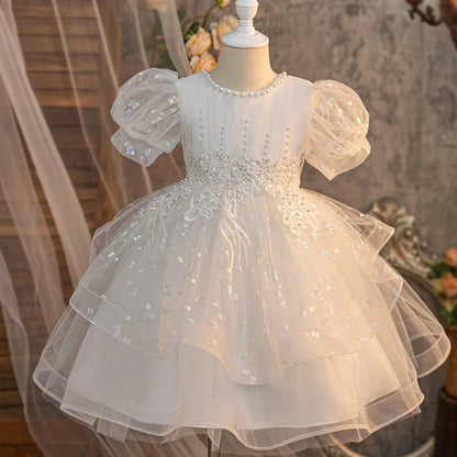 Vestido de Verão Novo com Laço e Bordado de Miçangas para Meninas, Saia Rodada Fofa, Vestido de Aniversário de Tule para Bebê Menina