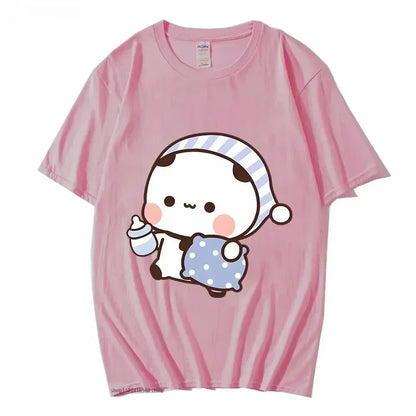 Couple Tshirt Cute BuBu Panda Going To Sleep with DuDu Bear Graphic Tshirt Women Clothes Sleeve Tops Women's Clothing