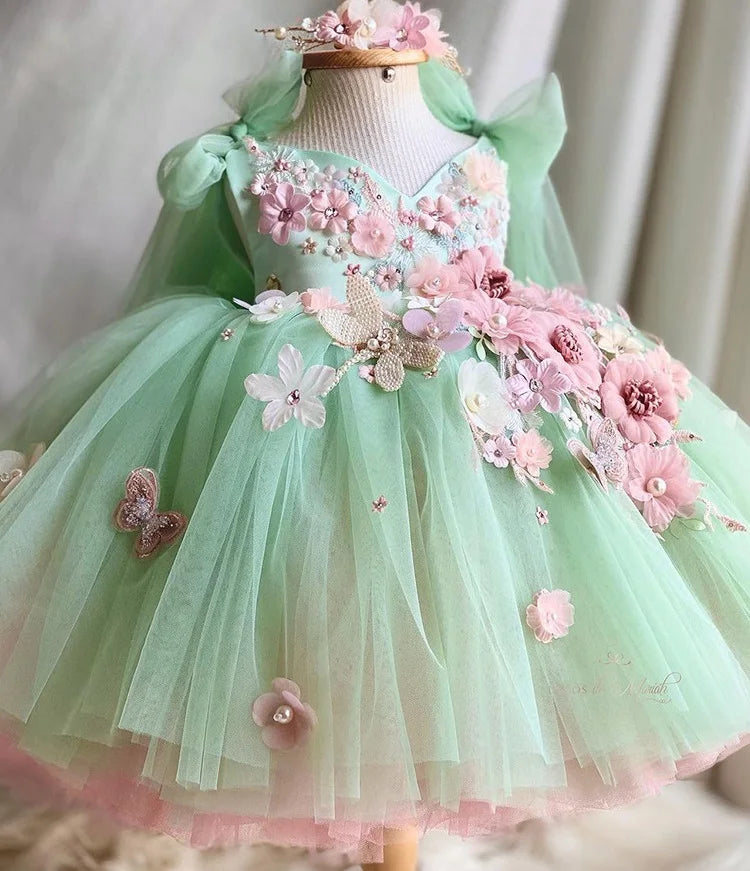 Vestido de princesa infantil borboleta com asas de malha fofa para meninas de 2 a 6 anos, vestido elegante para festa de aniversário com flores
