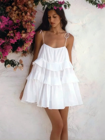 Loose White 100% Cotton Women's Dress Summer Strap Sleeveless Mini Dresses Classic Ruffle Female Beach Dress