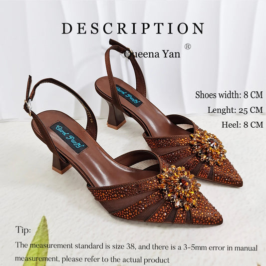 Elegant Fashion Rhinestone Decoration Design Coffee Color Pointed Toe Women High Heels and Bag Set for Party Wedding