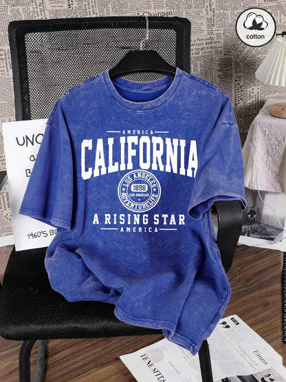 America California City Letter Washed T-Shirts Mens Oversized Cotton T Shirt Summer Short Sleeve O-Neck Tops Casual Male Tees