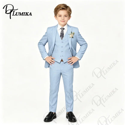Boys’ 4-Piece Sky Blue Suit with Floral Tie for Weddings & Graduation