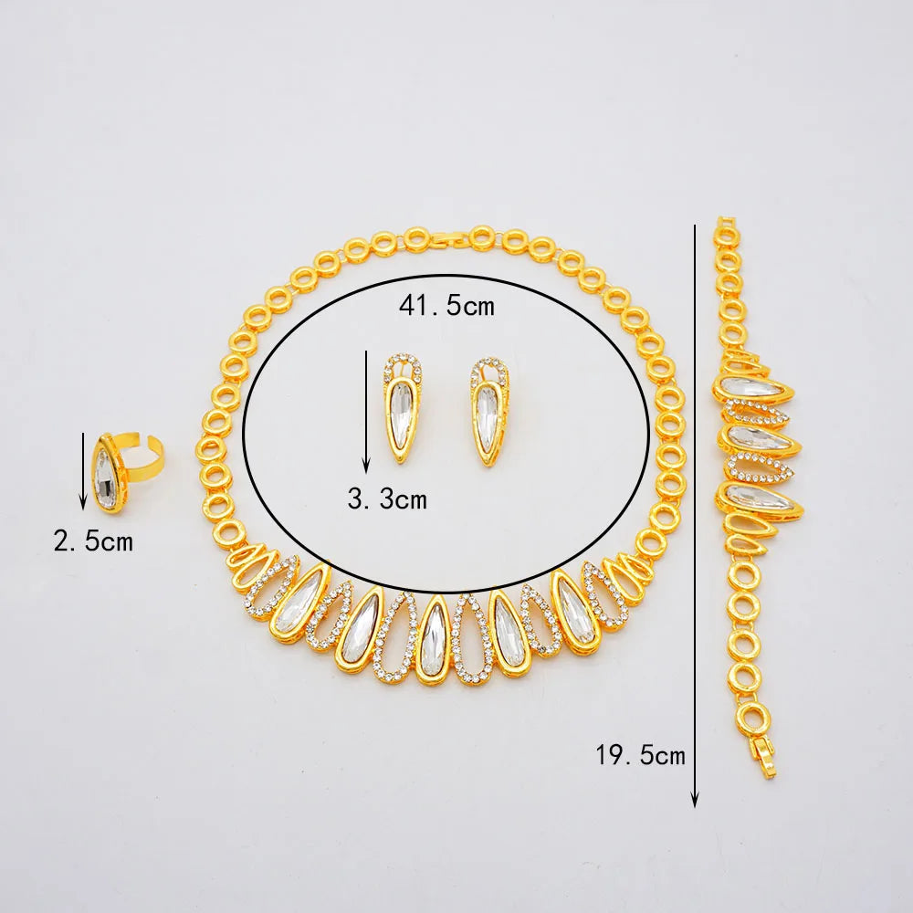 Women Gold Color Jewelry Sets Blue Pendant Necklace Earrings Bracelet Ring Sets Party Gifts