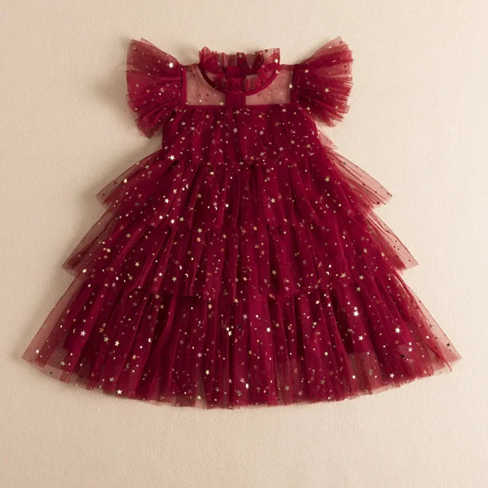 Summer Sweet and Cute Children's Clothing Sequin Decoration Mesh Cake Dress Birthday Party Girls' Dress New Year