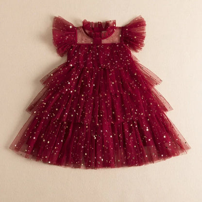 Summer Sweet and Cute Children's Clothing Sequin Decoration Mesh Cake Dress Birthday Party Girls' Dress New Year
