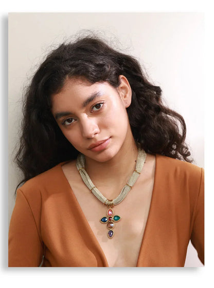 Yhpup White Colorful Shiny Glass Cross Pendant Necklace for Women Stainless Steel Polyester Chain Exquisite Jewelry Gift