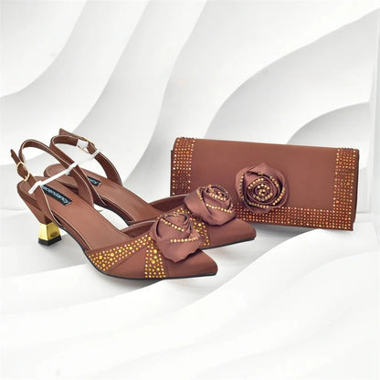 Luxury Italian Shoes and Bag Set for Women Pointed Toe High Heels Party Dress Female Pumps Decorated with Handmade Flowers