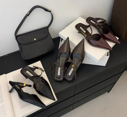 Retro Street Style Design Thin High Heels Pointed Toe Women Pumps Buckle Strap Banquet Party Slingbacks Female Mules Shoes