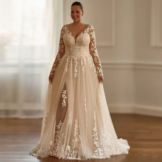 Champagne Wedding Dresses Plus Size Customized V Neck Long Sleeves Applique Sweep Train Glitter Bridal Gown Bride Dresses