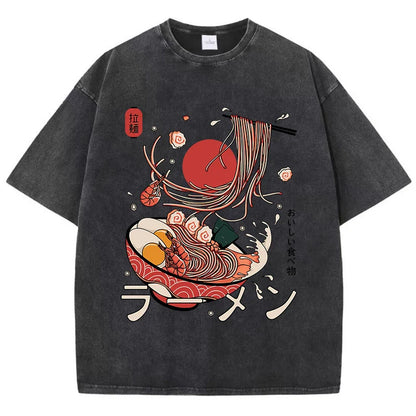 Ramen Noodles Cotton Washed T-Shirt Women Harajuku Printing Tops Comfortable O-Neck Oversized T Shirts All-Match Woman Clothes
