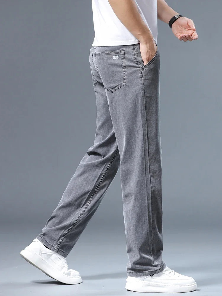 Summer Thin Men's Loose Straight Jeans Lyocell Soft Drape Business Casual Trousers Classic Smoke Gray Brand Ice Silk Pants