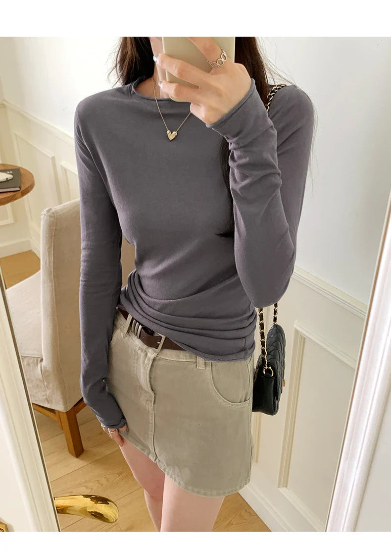 2026 Spring Autumn T shirt Women Tops Solid Slim Fit Long Sleeve O Neck Tshirts Female Casual Streetwear High Quality Base Tees