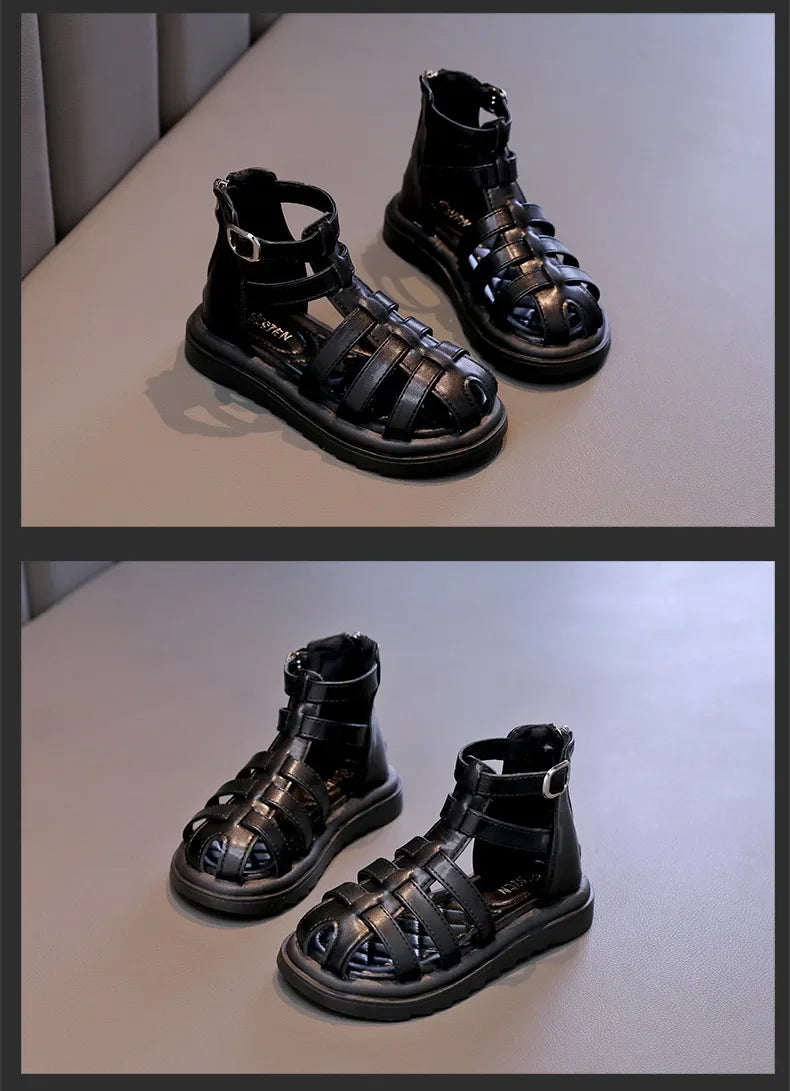 British Style Children's Sandals Girl 2024 Summer Kids Hollow-out Beach Shoes Fashion Causal Girls High-top Simple Roman Sandals