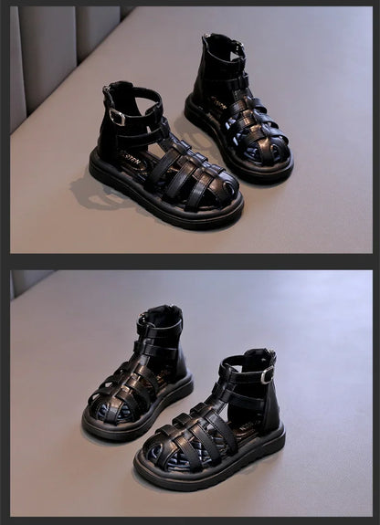 British Style Children's Sandals Girl 2024 Summer Kids Hollow-out Beach Shoes Fashion Causal Girls High-top Simple Roman Sandals