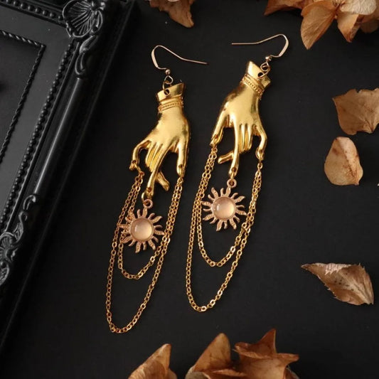 Hip Hop Gold Color Hands Sun Micro-inlay Gemstone Metal Chain Tassels Dangle Earrings for Women Halloween Party Jewelry