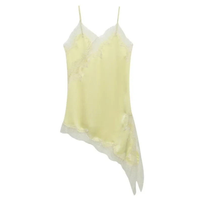 Soft Womens Satin Lace Trim Asymmetrical Top Y2k Irregular Hem Tanks Vest Top V Neck Coquette Going Out Camis Tops Streetwear
