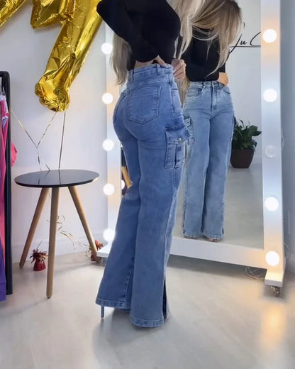 Side split cargo jeans High Quality Elastic Women's Flared Jeans With Waistband Tight Pants Fashion Women Clothing High Street