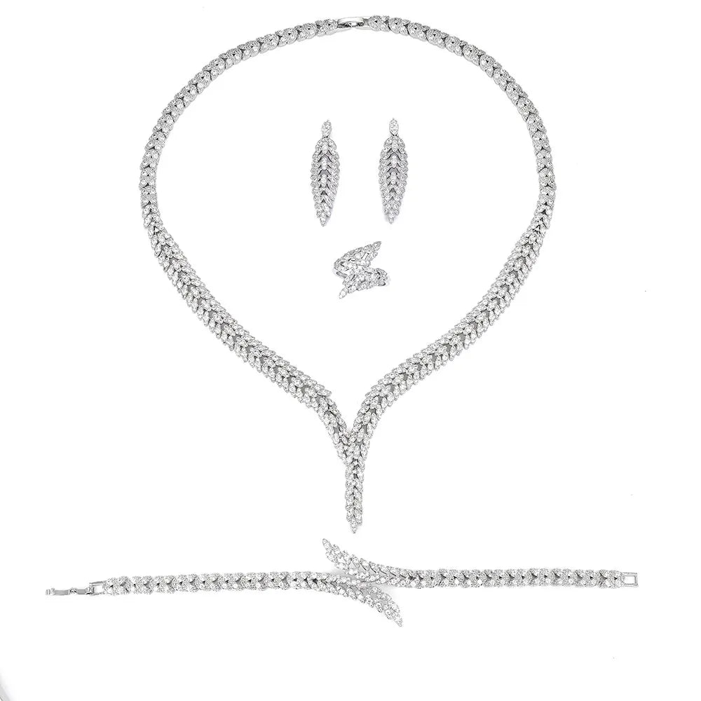 2023 Novo Conjunto Quente de 4 Peças Noiva Nigeriana Zircônia Cúbica Dubai Colar Pulseira Brincos Zircônia Cristal Conjunto de Joias de Casamento