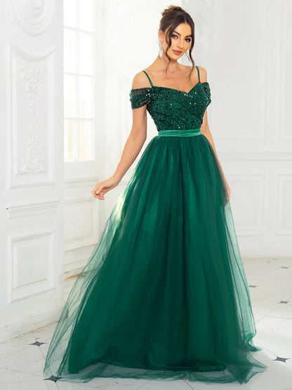 A Line Prom Evening Gown Off the Shoulder Backless Lace Up Sequin Patchwork Mesh Skirt Maxi Dresses for Women