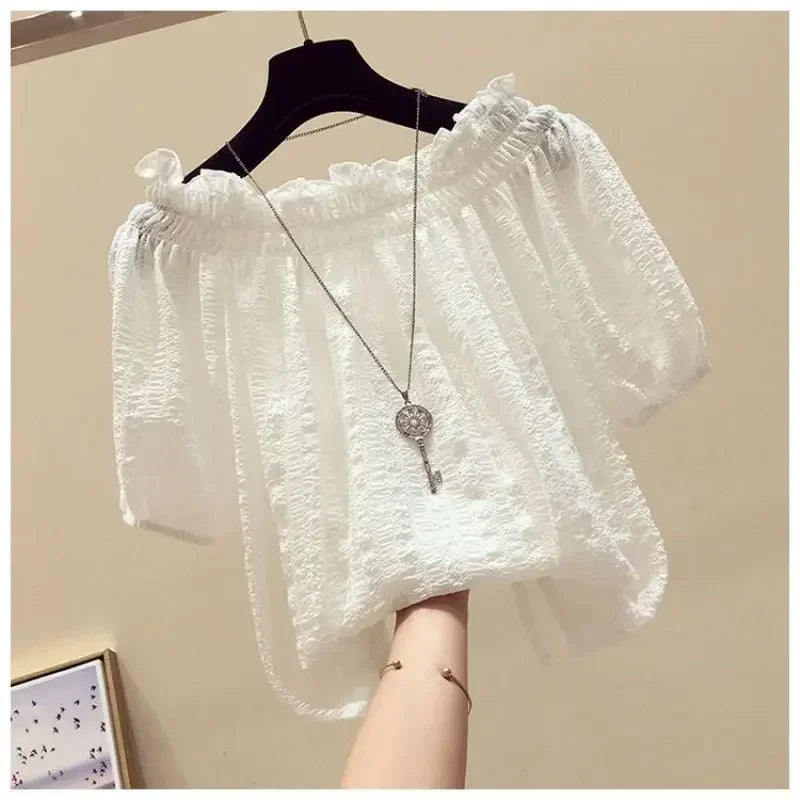 Black casual slash neck puff sleeve chiffon pullover women's blouse shirt female clothing tops fashion short blouses 2025
