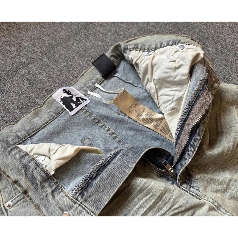 Rick Lavagem Azul Bolso com Zíper Calça Jeans Slim Fit Calças Jeans Algodão Denim Conforto Casual Tamanho P M G GG #B4