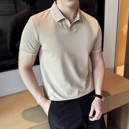 Business Casual Solid Color Men's Polo Shirt, 2024 Summer Classic, Men Short Sleeve V-neck T-shirt, Slim Fit Spliced Polo 4XL-M