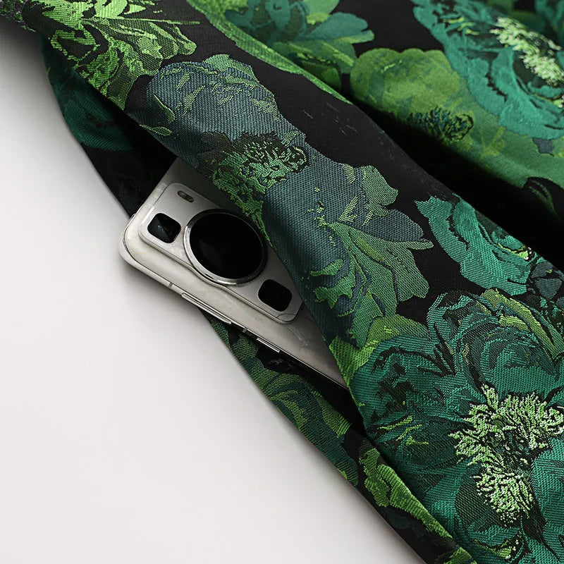 High Quality Elegant Lady Hepburn Style Mid-long Puff Skirt All-match Spring Autumn High Waist Green Jacquard Women A-line Skirt