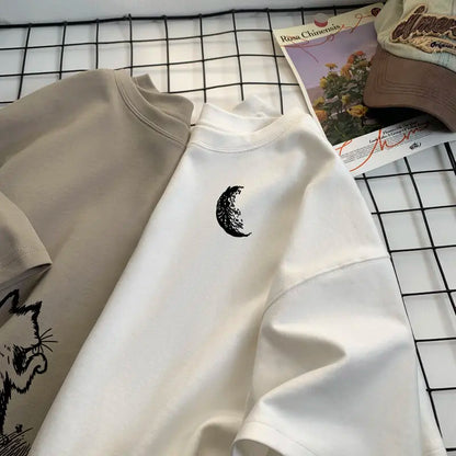 Men's T-shirts Oversized White Big Size 5XL Cotton T Shirt for Men Casual Summer Wear Cat Moon Print Tee Shirts Men Clothing