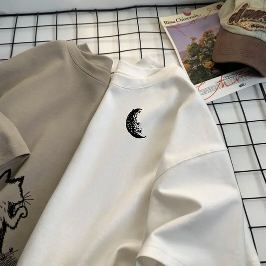 Men's T-shirts Oversized White Big Size 5XL Cotton T Shirt for Men Casual Summer Wear Cat Moon Print Tee Shirts Men Clothing