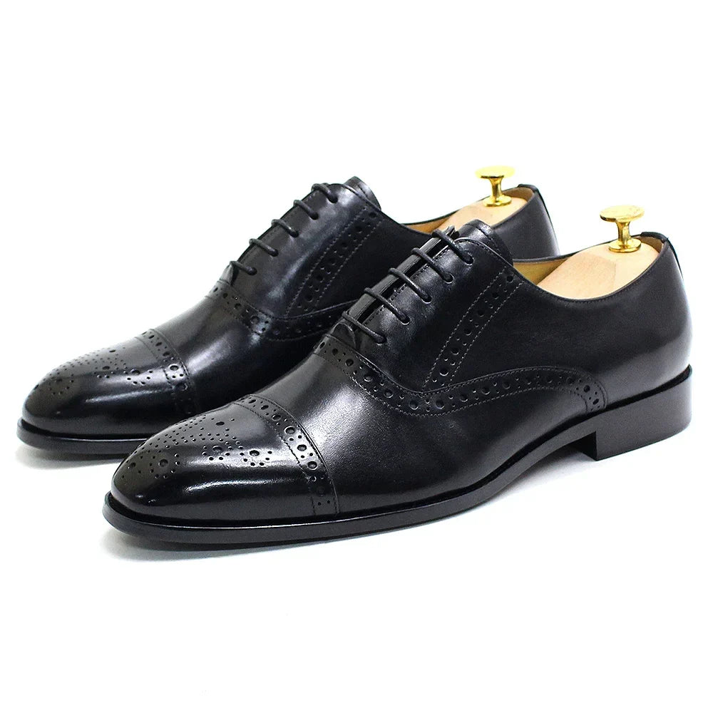 Luxury Genuine Leather Calfskin Cap Toe Oxfords Men's Dress Shoes Italian Style Lace-Up Wedding Business Formal Shoes for Men