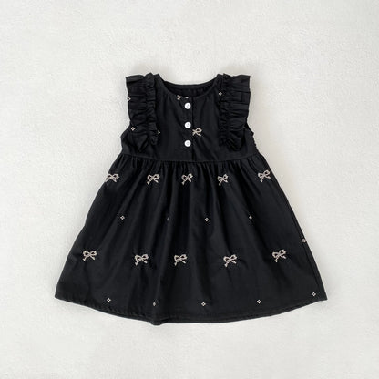 Summer Girls Dress Children's Clothing Bow Embroidered Flower Collar Girl's Dress Cartoon Printed Flying Sleeves Princess Dress
