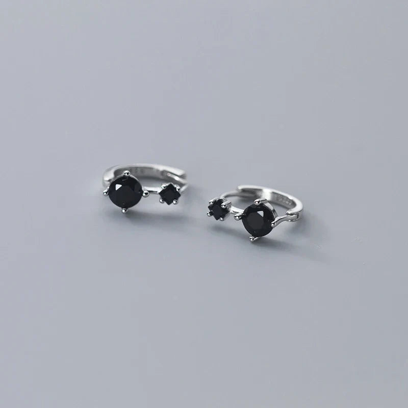 925 Sterling Silver Simple Shiny Black Zircon Statement Ear Buckle for Women Fashion Elegant Party Hoop Earrings Jewelry