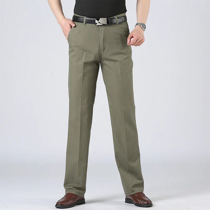 Cotton Pants Men's Straight Leisure Business Trousers Solid Autumn Winter Chinos Belted Pants Dad Elderly Formal Trousers
