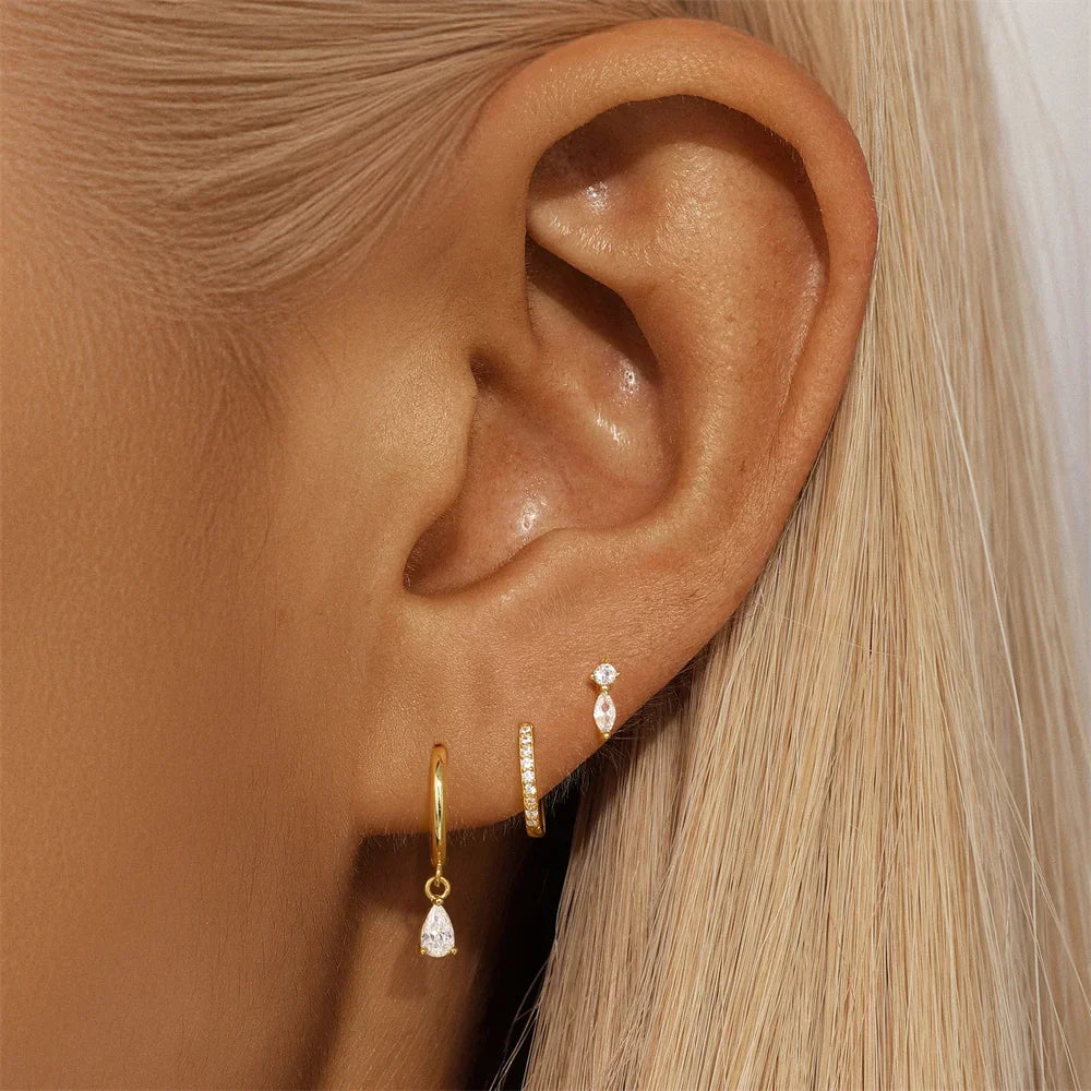 925 Sterling Silver WaterDrop/Flower/Pearl Earring Set For Women 18k Gold Plated 3 piece Earring Party Jewelry Gifts