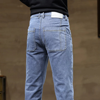 Calça Jeans Masculina Solta de Pernas Retas com Design Versátil de Seis Bolsos, Elástica e Confortável para Atividades ao Ar Livre, Caminhadas, Todas as Estações