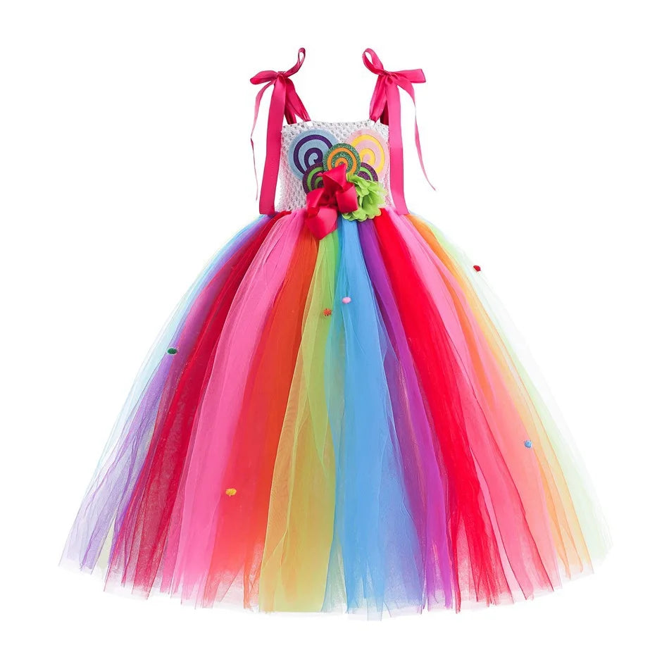 2026 New Candy Dress For Baby Girl Purim Carnival Birthday Costume Fancy Rainbow Short Sleeve Cute Dress + Accessories Set