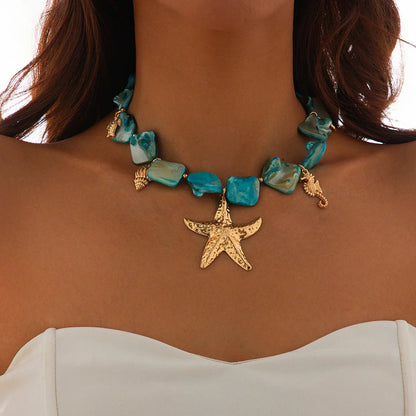 Retro Starfish White Shell Conch Pendant Necklace  Women 2024 Simple Creative Colorful Stones  Hand Woven beach Jewelry Girls