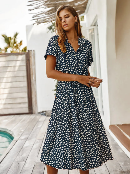 Vintage Floral Print Dress Women Boho Short Sleeve Long Dress Turn Down Collar Casual Waistband Shirt Dresses Robe 2021 Summer