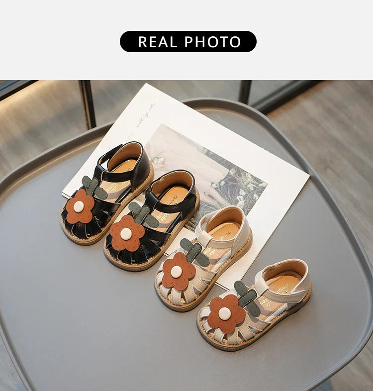 Children's Shoes Girls Sandals Beauty Large Flower Summer New Closed Toe Fashion Soft Bottom Kids Baby Girl Beach Shoes I04254