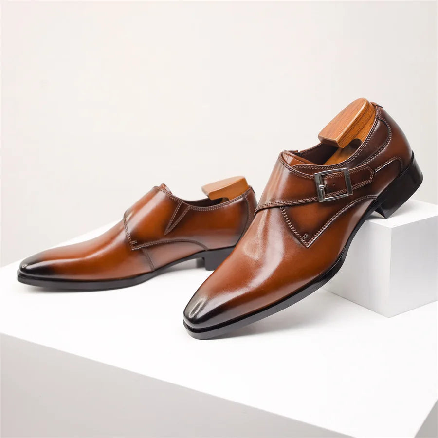 Men's Cow Leather Shoes Buckle Pointed Dress Shoes Men Classic Business Formal Social Office Party Wedding Shoes