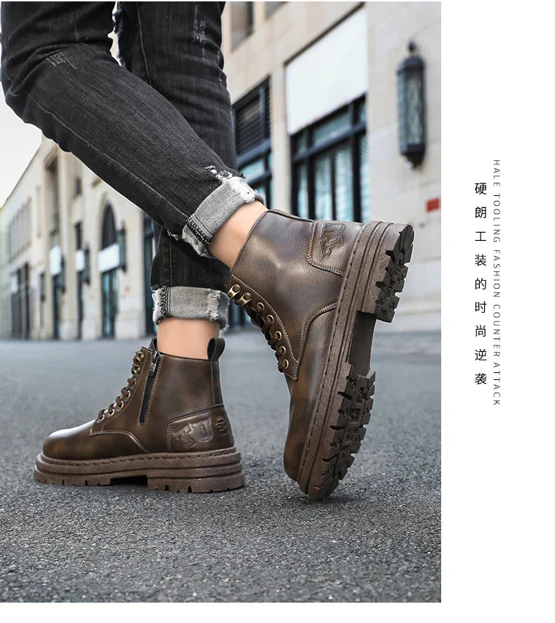 Men's boots four seasons soft-sole non-slip casual boots fashion outdoor work boots high boots classic Joker youth leather boots