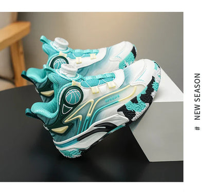 Children's basketball shoes boys' waterproof leather surface rotating buckle anti-slip and shock-absorbing student sports shoes