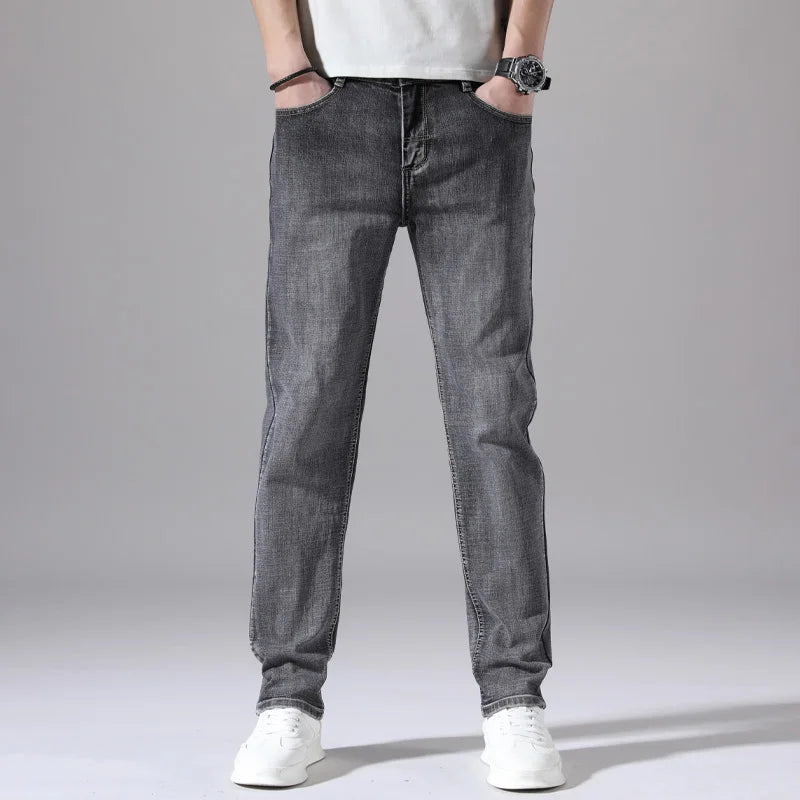 2022 Autumn Spring Fitted Straight Stretch Denim  Classic Style Badge Youth Men's Business Casual Jeans Trousers