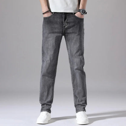 2022 Autumn Spring Fitted Straight Stretch Denim  Classic Style Badge Youth Men's Business Casual Jeans Trousers