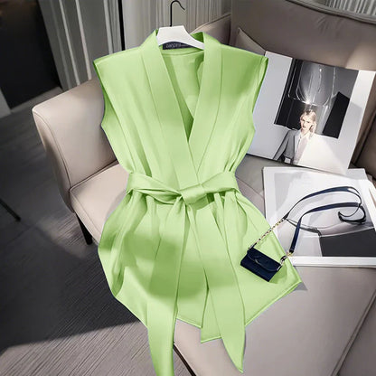 Women Shiny Satin Blouses Elegant Wrapped V-Neck Sleeveless Tops 2025 Summer Office Commuting Belted Party Blusas Mujer