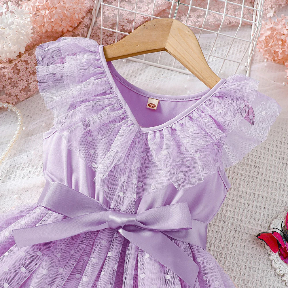 Toddler Girls' Pink Polka Dot Mesh Dress - Flutter Sleeves, Big Bow Waist, Sweet Spring & Summer Princess Dress